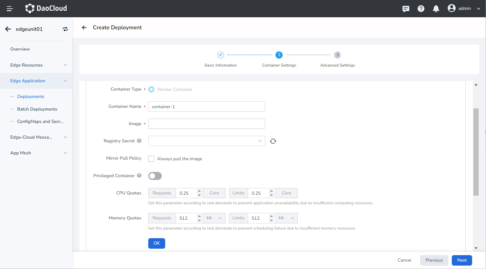 Container Settings